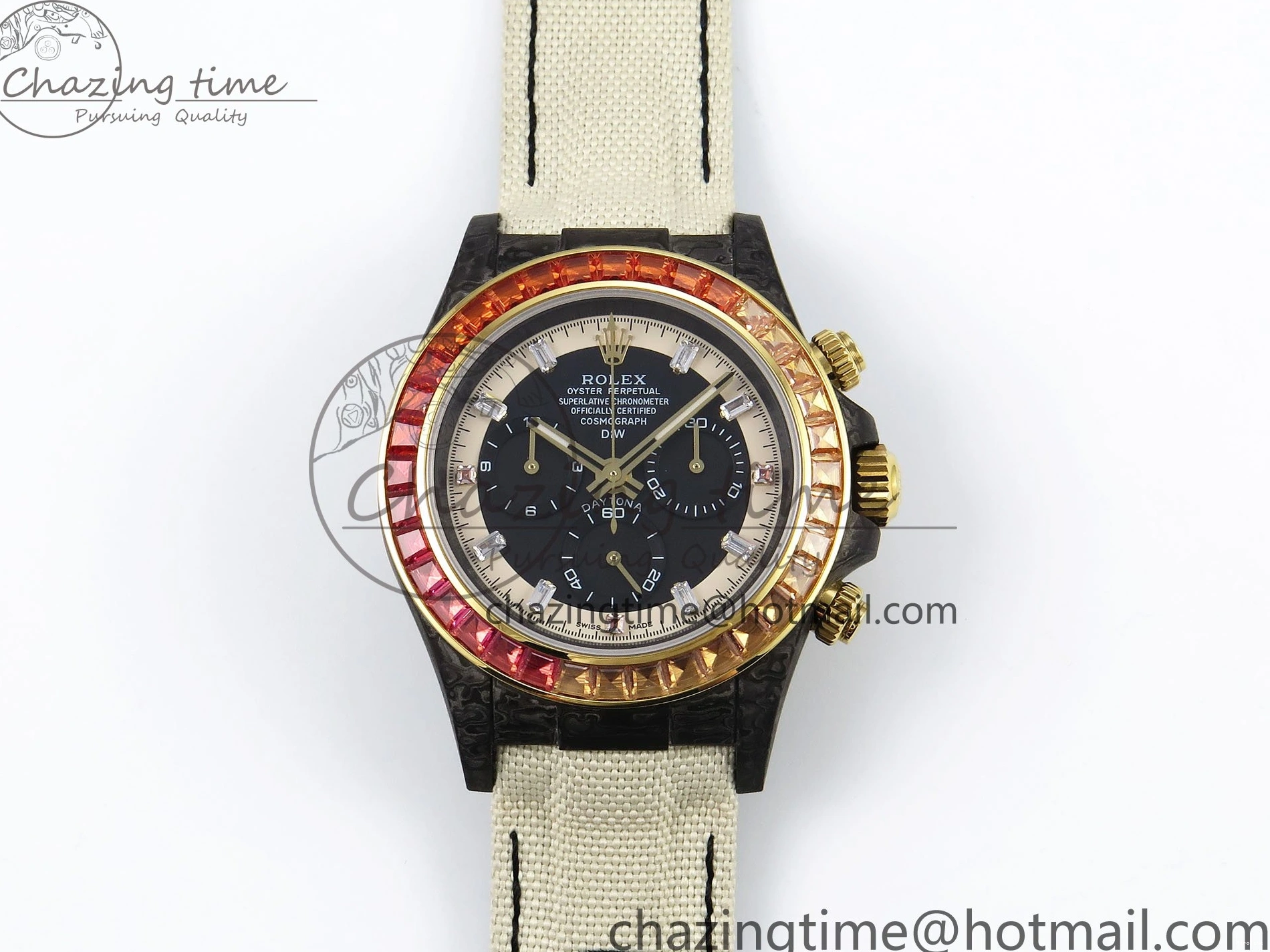 MiroTime 0513 Refined Daytona DIW Carbon Case DIWF Edition Black White Dial Orange Diamonds Bezel on White Nylon Strap A 1668